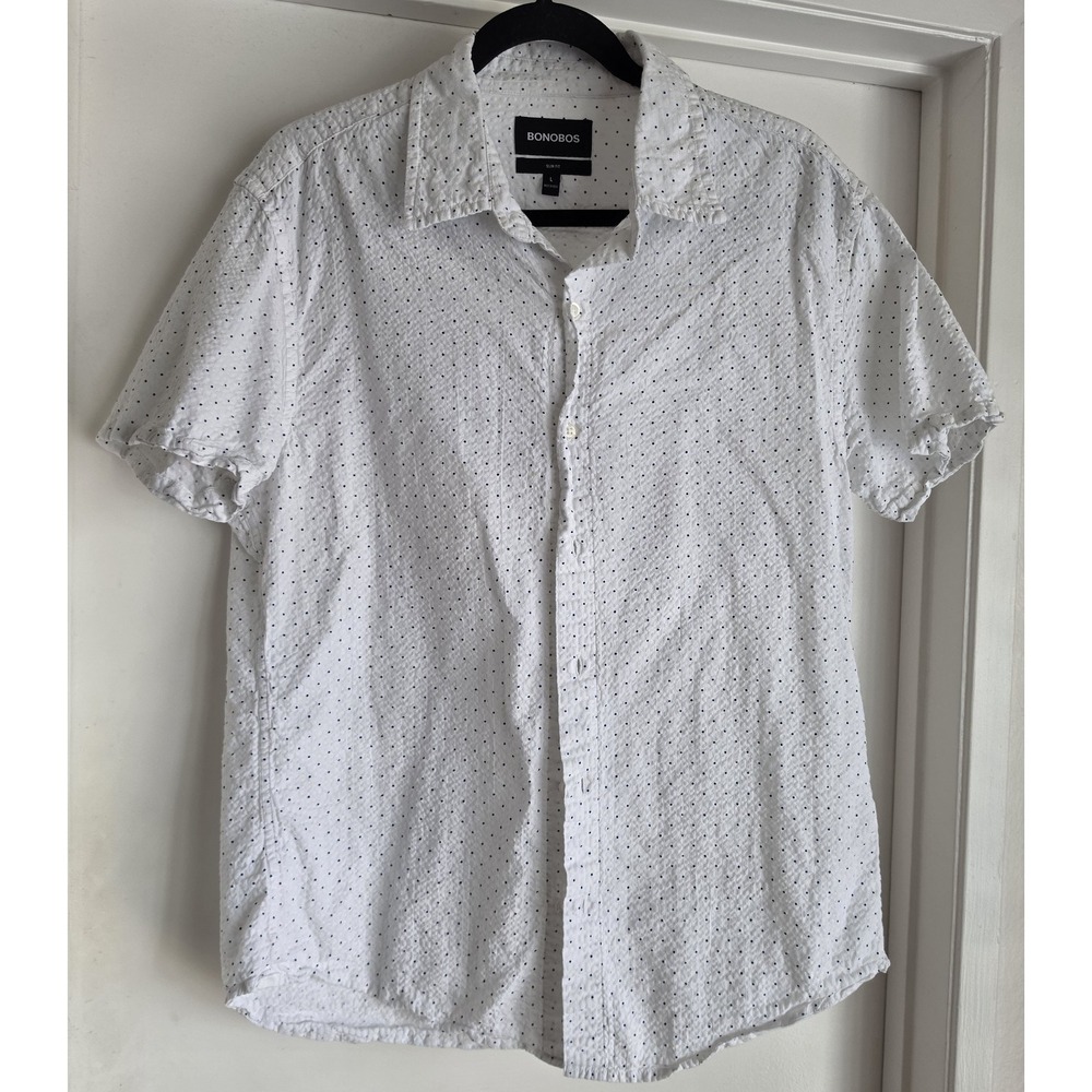 Bonobos Men L Polka Dot Short Sleeve Button-Up Shirt White Blue Cotton